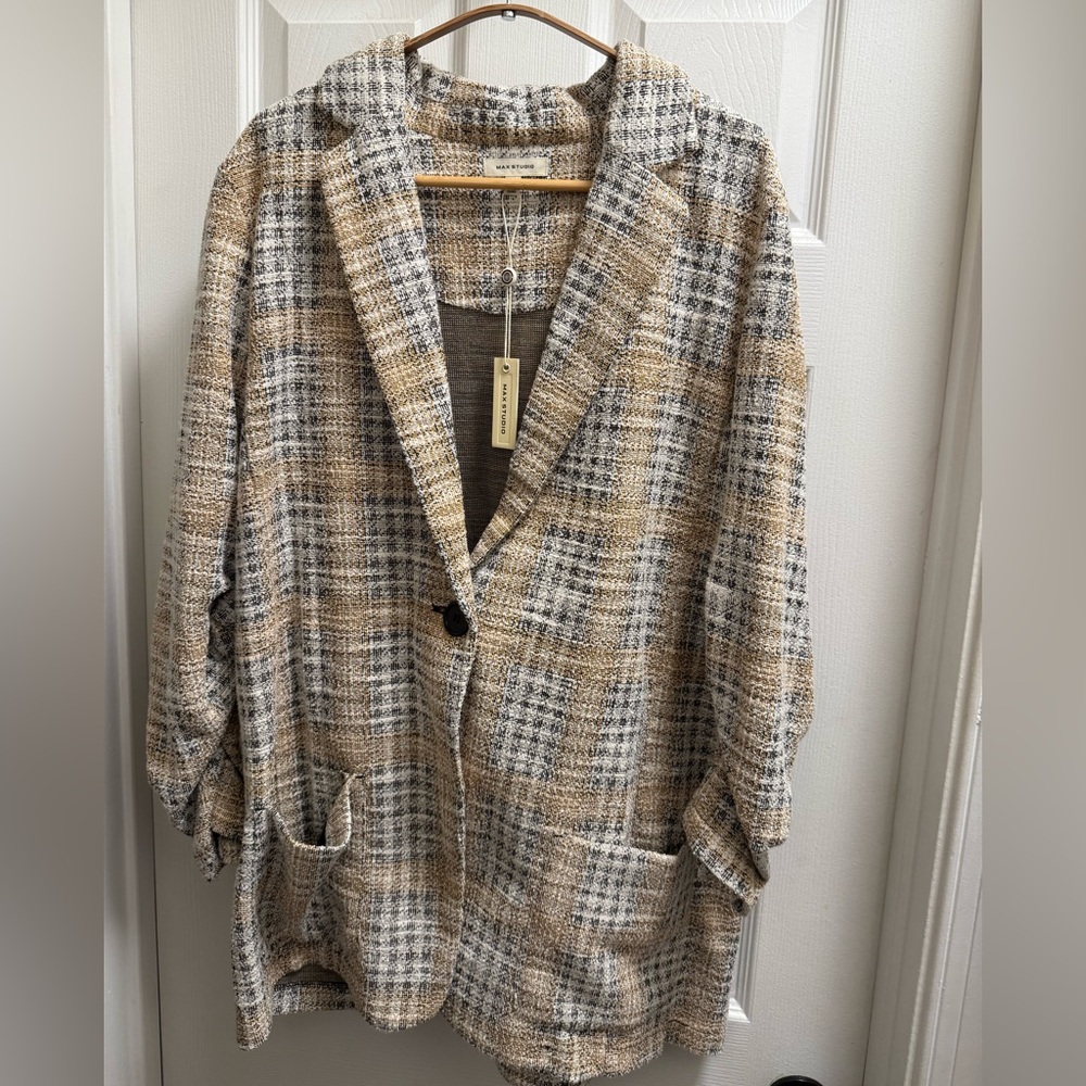 Max Studio Stretchy Knit/Tweed Plaid Blazer